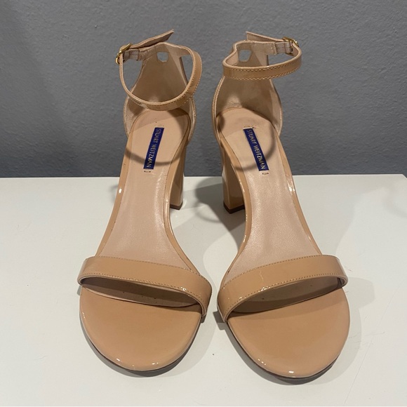 STUART WEITZMAN Nearlynude Nude Tan Beige Patent Leather Ankle Strap Heel Shoes - Picture 2 of 7